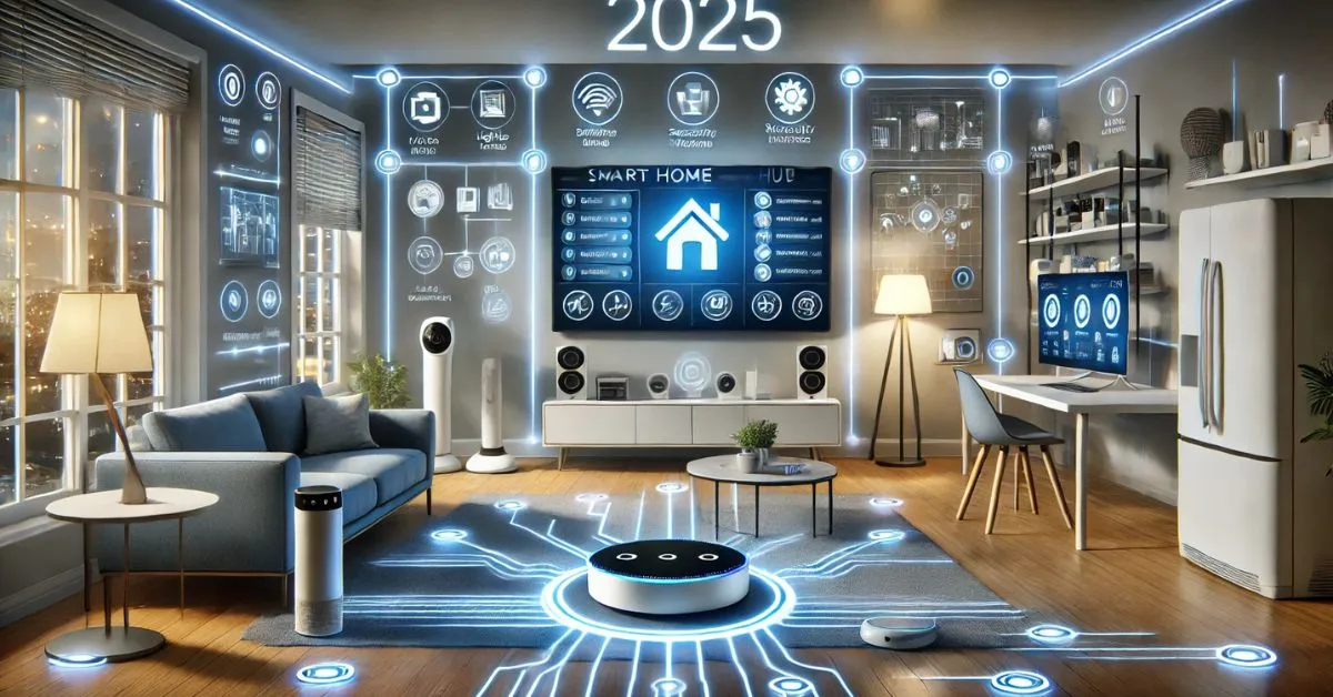 A sleek smart home hub surrounded by connected devices like lights, security cameras, and a thermostat in a futuristic living room.