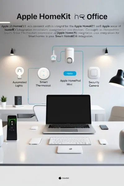 Smart Home Office with Advanced Apple HomeKit Tools A modern home workspace with Apple HomeKit-enabled devices, including a HomePod Mini, smart thermostat, and automated lighting.