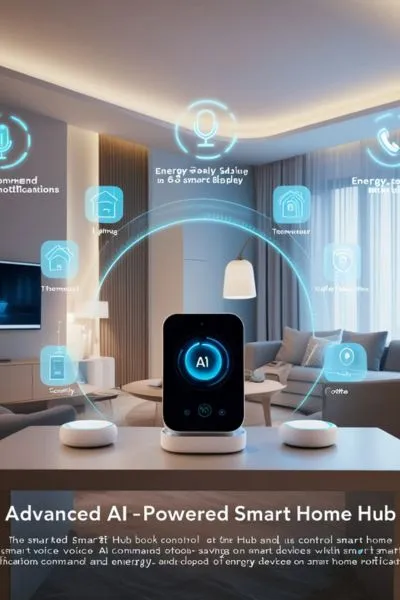 Futuristic AI-powered smart home hub on a sleek table, connected to smart devices and demonstrating seamless automation in a small business setting.