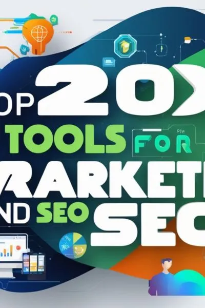 Top 20 AI tools for marketing and SEO A futuristic representation of AI tools transforming marketing and SEO, including data-driven insights and automation.