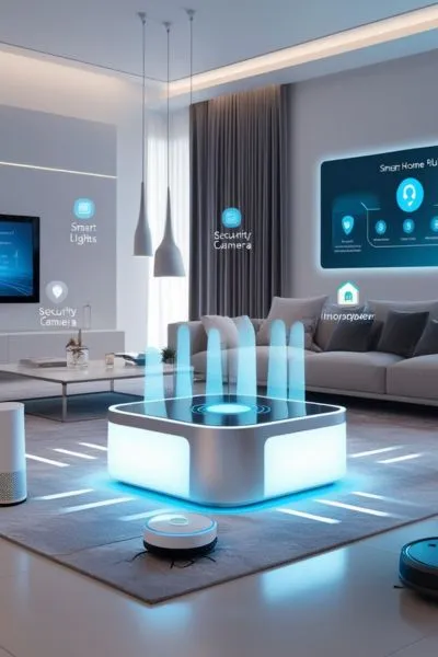 A modern living room featuring a futuristic smart home hub linking devices such as a thermostat, smart TV, and security cameras.