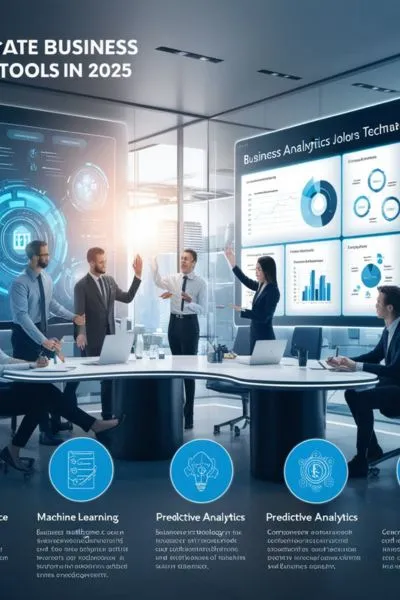 Top 60 List of Business Analytics Tools in 2025 AI-powered business analytics tools in a corporate workspace for smarter decision-making.