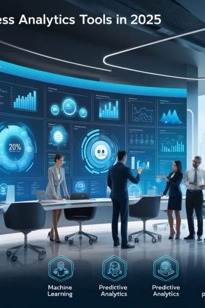 Top 60 List of Business Analytics Tools in 2025 "Futuristic data dashboard with real-time analytics, representing 2025 business analytics tools.