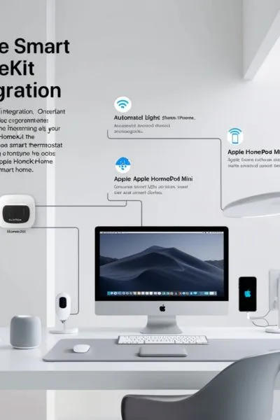 Tech-Savvy Workspace with Apple HomeKit Devices" Description: An innovative home office integrated with Apple HomeKit, showcasing devices like an iPhone, MacBook, smart thermostat, and HomePod Mini.