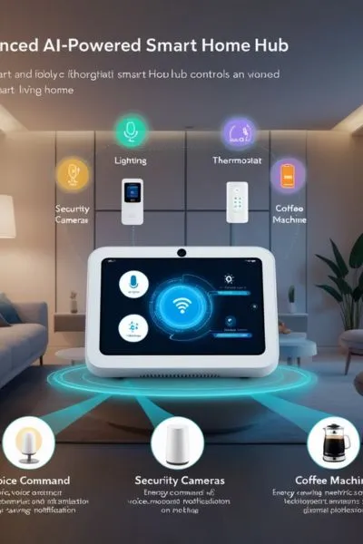 AI-powered smart home hub with holographic visuals illustrating energy management, voice command features, and connectivity with multiple devices.