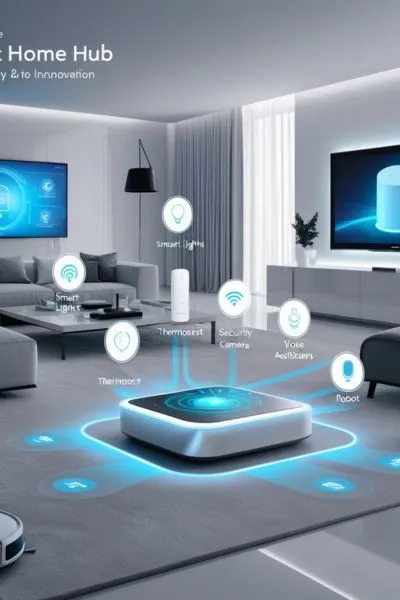  A futuristic smart home living room with a central hub connecting smart lights, cameras, and home appliances through glowing connections.