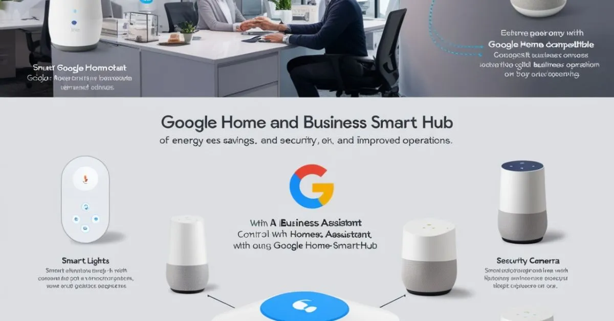 Google Home-compatible smart hub controlling various smart devices in a modern office environment, showcasing automation and AI tools for small business efficiency