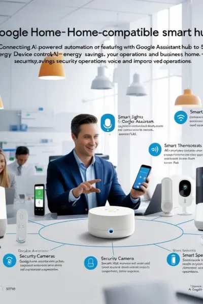 Efficient Business Management with AI-Integrated Google Home Hubs Small business owner using Google Assistant on a smart hub to control various connected devices like lights, security cameras, and thermostats in a contemporary office.