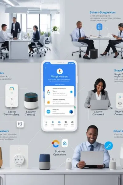 Smart Office Automation with Google Home-Compatible Hubs Modern office with Google Home smart hub controlling smart lights, thermostats, and security cameras for a fully automated and efficient workspace.