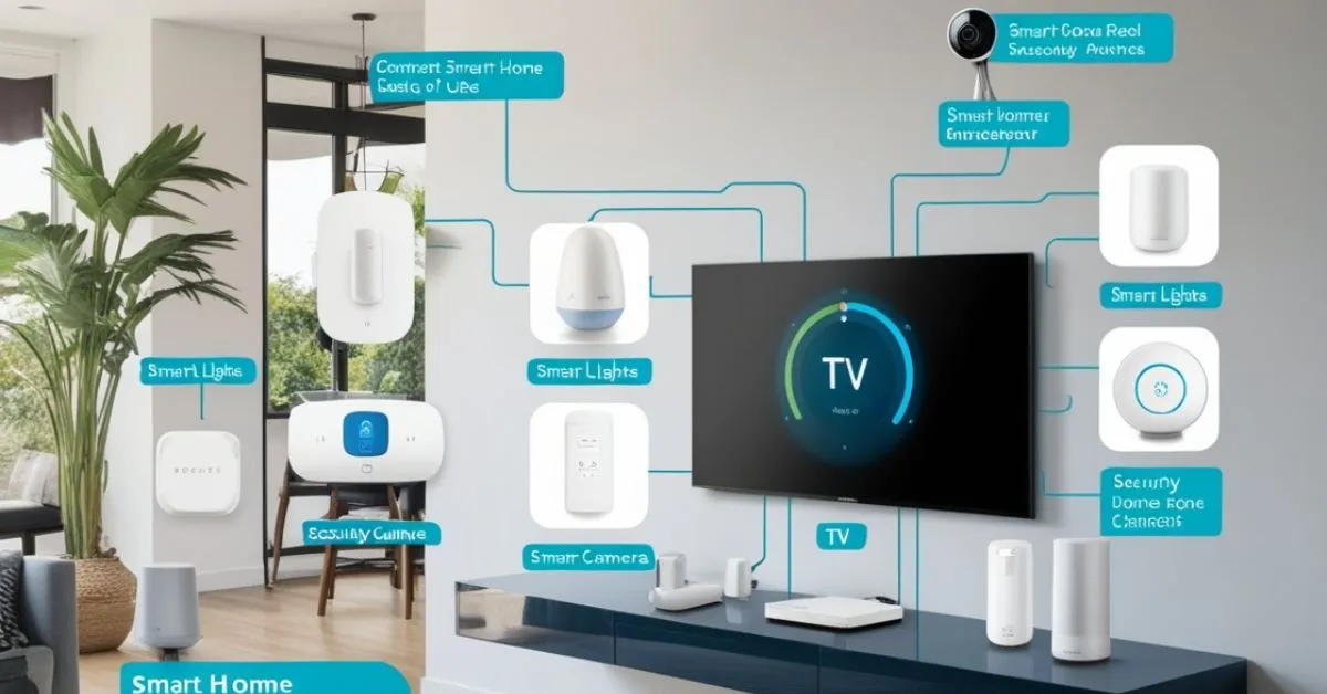 A modern smart home hub connected to various devices like smart lights, security cameras, and a thermostat in a minimalist home setting.