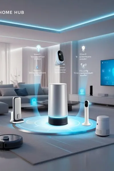 A modern smart home hub controlling various devices, highlighting Alexa compatibility and energy-efficient solutions for enhanced living and business environments.