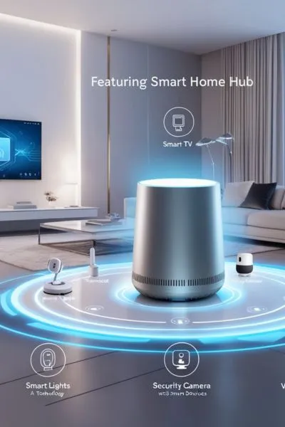 An interactive Alexa-compatible hub displayed in a smart home setting, connecting devices with glowing lines to represent the ecosystem's seamless connectivity.