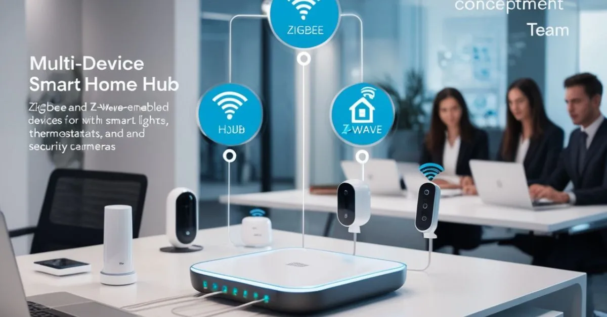 Modern office with a multi-device smart home hub connected to Zigbee and Z-Wave devices like smart lights and cameras.