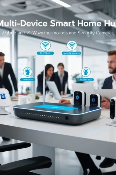 Retail store with a Z-Wave smart hub managing security devices like cameras and smart locks.