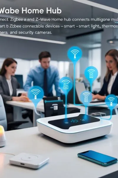 Side-by-side comparison of Zigbee and Z-Wave smart home hubs with compatible devices like sensors and lightbulbs.
