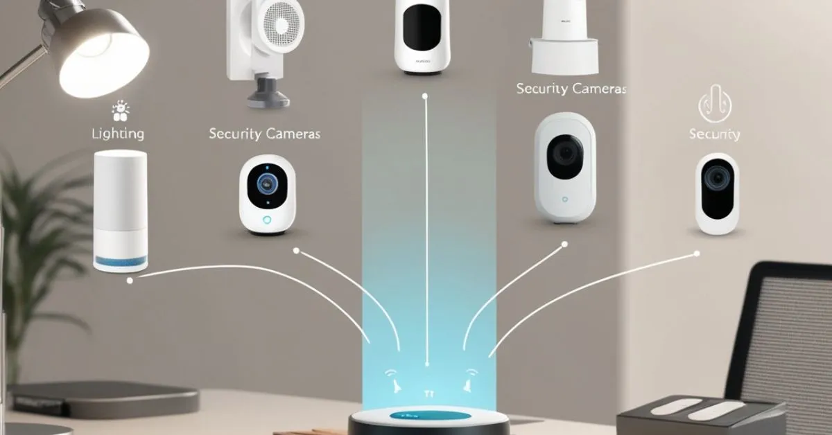A workspace showcasing smart devices connected through a modern smart hub.