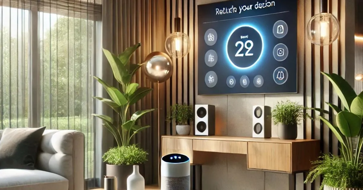 A modern smart home interior featuring smart lighting, automated blinds, and a voice-controlled assistant, showcasing the blend of technology and comfort.