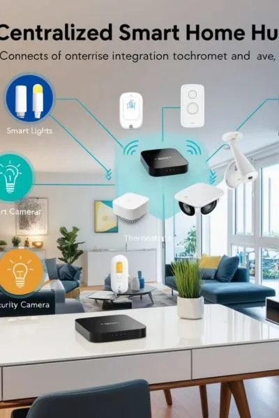 Enhance Your Home with Affordable Smart Automation Tools A stylish room featuring a central voice assistant, smart lighting, and energy-monitoring gadgets for a connected lifestyle.